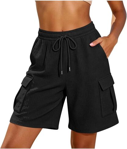 Womens Bermuda Shorts Waffle Knit Wide Leg Cargo Knee Length Shorts Elastic Waist Casual Sweat Shorts with Pockets in Kuwait