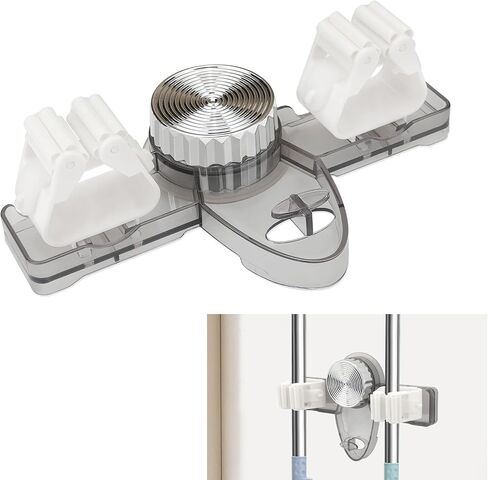 Self Adhesive Broom Holder Wall Mount, No Punching Heavy Duty Broom and Mop Organizer, Non-slip Mop Hanger with 2 Slots & 1 Hook for Bathroom Kitchen Laundry Room (Clear) in Kuwait