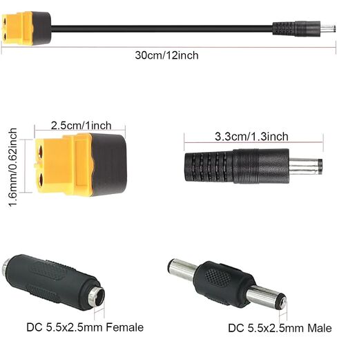 2 قطعة DC5.5x2.5mm إلى XT60 كابل شحن XT60 موصل رصاصة أنثى إلى DC5.5X 2.5 مم كابل محول جاك ذكر أنثى لمكواة لحام TS100، طاقة شاشة FPV، سلك طاقة الطائرة بدون طيار (1 متر) in Kuwait