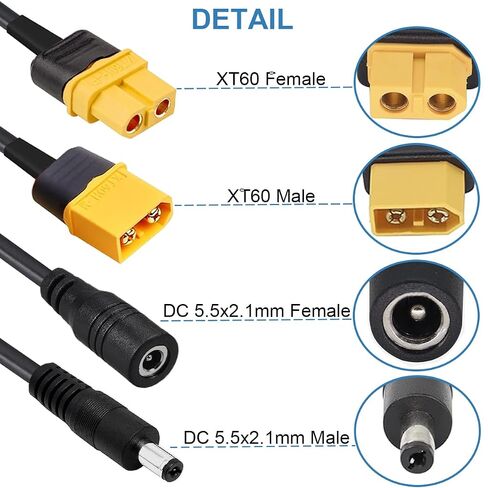 2 قطعة DC5.5x2.5mm إلى XT60 كابل شحن XT60 موصل رصاصة أنثى إلى DC5.5X 2.5 مم كابل محول جاك ذكر أنثى لمكواة لحام TS100، طاقة شاشة FPV، سلك طاقة الطائرة بدون طيار (1 متر) in Kuwait
