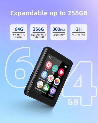 مشغل MP3 سعة 64 جيجابايت للأطفال، مشغل موسيقى محمول مقاس 2.4 بوصة مع مكبر صوت، راديو FM، مسجل صوت، كتاب إلكتروني، شاشة لمس كاملة، يدعم ما يصل إلى 256 جيجابايت، سماعات أذن متضمنة (بدون WiFi) in Kuwait