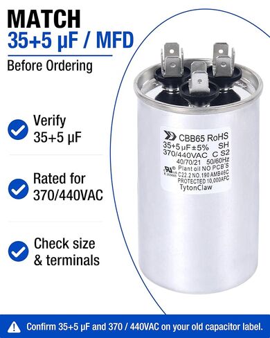 [UL Recognized] 35+5 µF 35/5 MFD ±5% Dual Run Capacitor for Condenser | 370/440VAC CBB65 HVAC capacitor for AC condenser, fan motor, compressor, heat pump. Match 35+5 µF; replaces C3355R, C4355R in Kuwait
