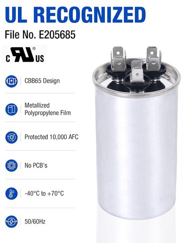 [UL Recognized] 35+5 µF 35/5 MFD ±5% Dual Run Capacitor for Condenser | 370/440VAC CBB65 HVAC capacitor for AC condenser, fan motor, compressor, heat pump. Match 35+5 µF; replaces C3355R, C4355R in Kuwait