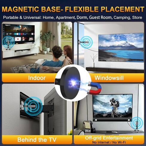 هوائي تلفزيون للقنوات المحلية الداخلية، هوائي تلفزيون رقمي للتلفزيون الذكي داخلي 4K HD بدون كابل - قاعدة مغناطيسية، استقبال 360 درجة، كابل 8.2 قدم، طويل المدى - يدعم أجهزة التلفاز عالية الدقة مع موالف مدمج in Kuwait