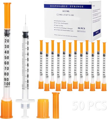 50 Pack U-100 Syringes 30G 1ml/cc 5/16" (8mm), Disposable Syringe for Scientific Lab, Individually Wrapped in Kuwait