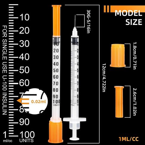 50 Pack U-100 Syringes 30G 1ml/cc 5/16" (8mm), Disposable Syringe for Scientific Lab, Individually Wrapped in Kuwait