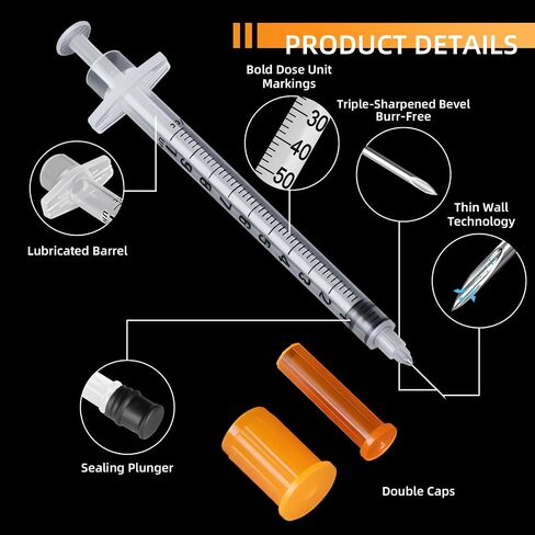 50 Pack U-100 Syringes 30G 1ml/cc 5/16" (8mm), Disposable Syringe for Scientific Lab, Individually Wrapped in Kuwait
