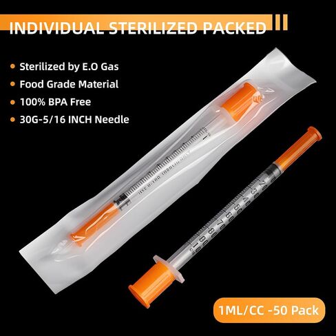 50 Pack U-100 Syringes 30G 1ml/cc 5/16" (8mm), Disposable Syringe for Scientific Lab, Individually Wrapped in Kuwait