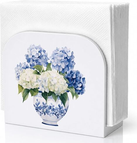 Chinoiserie الكوبية الأزهار حامل منديل للطاولة، الأزرق والأبيض الخزف زهرة خشبية الدائمة حامل منديل موزع للمطبخ غرفة الطعام حزب كوكتيل بار ديكور in Kuwait