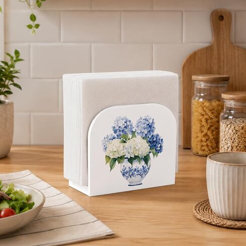 Chinoiserie الكوبية الأزهار حامل منديل للطاولة، الأزرق والأبيض الخزف زهرة خشبية الدائمة حامل منديل موزع للمطبخ غرفة الطعام حزب كوكتيل بار ديكور in Kuwait