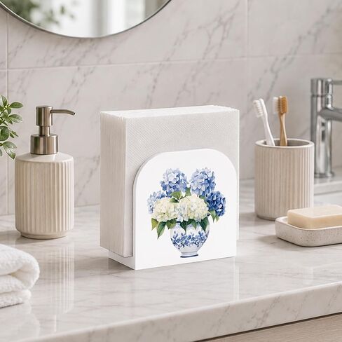 Chinoiserie الكوبية الأزهار حامل منديل للطاولة، الأزرق والأبيض الخزف زهرة خشبية الدائمة حامل منديل موزع للمطبخ غرفة الطعام حزب كوكتيل بار ديكور in Kuwait