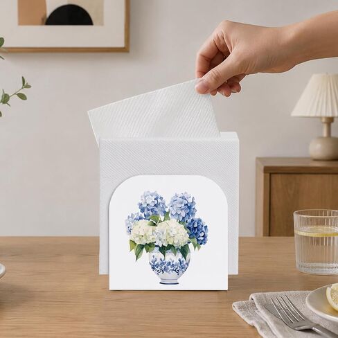 Chinoiserie الكوبية الأزهار حامل منديل للطاولة، الأزرق والأبيض الخزف زهرة خشبية الدائمة حامل منديل موزع للمطبخ غرفة الطعام حزب كوكتيل بار ديكور in Kuwait