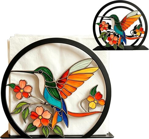 Large Hummingbird Napkin Holder-Stained Glass Effect, Metal Napkin Stand | Bird Flower Design, Non-Slip Solid Metal Base, Fits 5-7" Napkins, Decorative Table Decor for Restaurant Cafe Bar in Kuwait