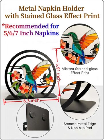 Large Hummingbird Napkin Holder-Stained Glass Effect, Metal Napkin Stand | Bird Flower Design, Non-Slip Solid Metal Base, Fits 5-7" Napkins, Decorative Table Decor for Restaurant Cafe Bar in Kuwait