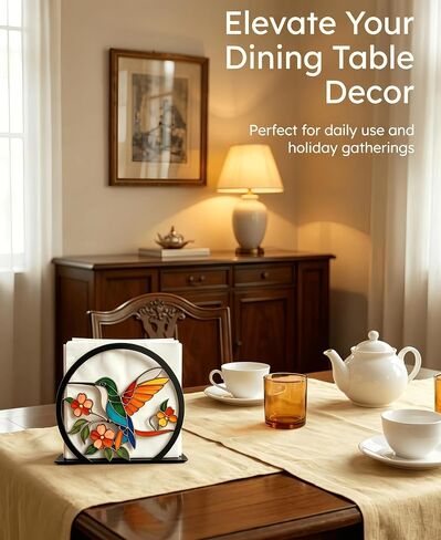 Large Hummingbird Napkin Holder-Stained Glass Effect, Metal Napkin Stand | Bird Flower Design, Non-Slip Solid Metal Base, Fits 5-7" Napkins, Decorative Table Decor for Restaurant Cafe Bar in Kuwait
