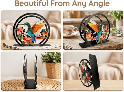 Large Hummingbird Napkin Holder-Stained Glass Effect, Metal Napkin Stand | Bird Flower Design, Non-Slip Solid Metal Base, Fits 5-7" Napkins, Decorative Table Decor for Restaurant Cafe Bar in Kuwait