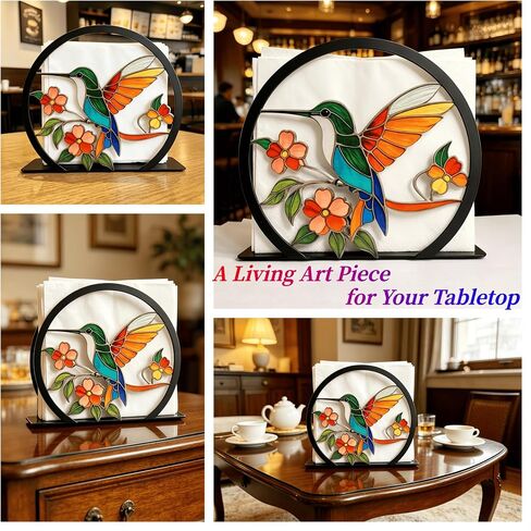 Large Hummingbird Napkin Holder-Stained Glass Effect, Metal Napkin Stand | Bird Flower Design, Non-Slip Solid Metal Base, Fits 5-7" Napkins, Decorative Table Decor for Restaurant Cafe Bar in Kuwait
