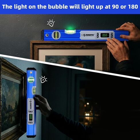 مستوى رقمي 16 بوصة مع شاشة LCD - محدد زاوية من الألومنيوم 90 درجة/180 درجة فقاعات مع إضاءة تلقائية، مقياس الميل مع مؤشر مغناطيسي وصوت لتسوية الأعمال الخشبية والصرف المنزلي. in Kuwait