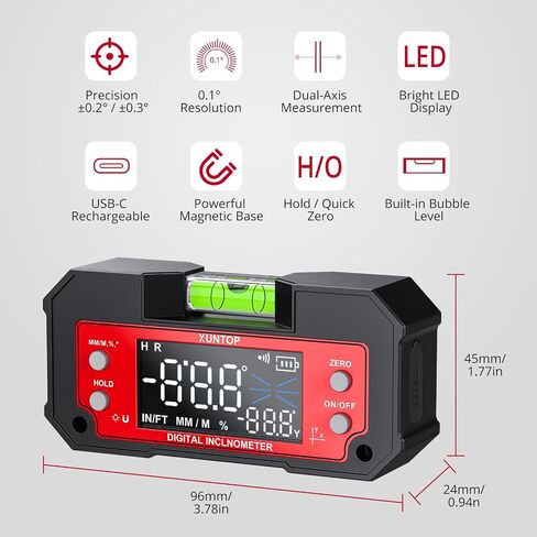 XUNTOP أداة تحديد الزوايا الرقمية ذات المحور المزدوج X-محور 4 × 90 درجة والمحور Y من ± 60 درجة صندوق مستوى القاعدة المغناطيسي القوي من النوع C مقياس الميل الرقمي القابل لإعادة الشحن مع شاشة LED لمنشار طاولة النجارة in Kuwait