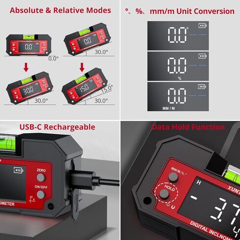 XUNTOP أداة تحديد الزوايا الرقمية ذات المحور المزدوج X-محور 4 × 90 درجة والمحور Y من ± 60 درجة صندوق مستوى القاعدة المغناطيسي القوي من النوع C مقياس الميل الرقمي القابل لإعادة الشحن مع شاشة LED لمنشار طاولة النجارة in Kuwait