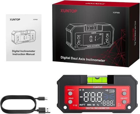 XUNTOP أداة تحديد الزوايا الرقمية ذات المحور المزدوج X-محور 4 × 90 درجة والمحور Y من ± 60 درجة صندوق مستوى القاعدة المغناطيسي القوي من النوع C مقياس الميل الرقمي القابل لإعادة الشحن مع شاشة LED لمنشار طاولة النجارة in Kuwait