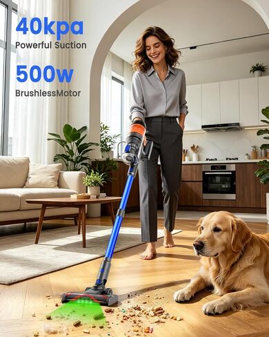 Cordless Vacuum Cleaner, 500W 40KPa 60Mins Vacuum Cleaners for Home, Anti-Tangle Rechargeable Vacuum with Green Light Wireless Vacumm for Pet Hair/Carpet/Hardwood Floor, Blue in Kuwait