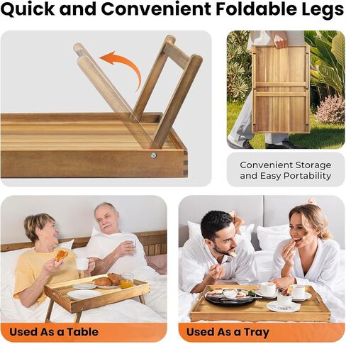 Extra Large Folding Bed Tray Table, 22’’ x 14’’ Acacia Wood Breakfast Tray, Food Serving Tray with Legs for Eating in Bed in Kuwait