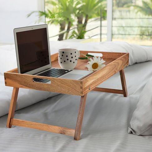 Extra Large Folding Bed Tray Table, 22’’ x 14’’ Acacia Wood Breakfast Tray, Food Serving Tray with Legs for Eating in Bed in Kuwait
