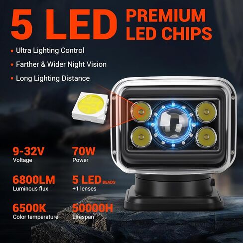 ضوء بحث LED للتحكم عن بعد، 70 وات 6800 لومن كشاف IP68 مقاوم للماء | ضوء دوران 360 درجة لشاحنة القارب والطرق الوعرة البحرية والعمل في الهواء الطلق والقيادة والصيد والضباب والتخييم والصيد in Kuwait