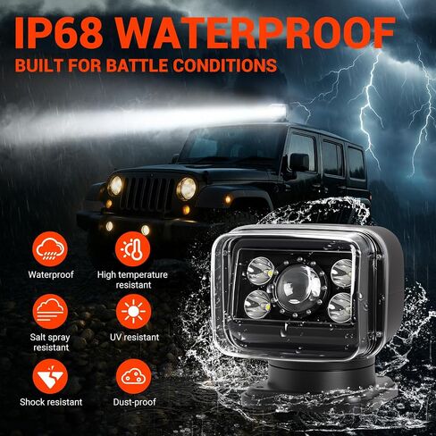 ضوء بحث LED للتحكم عن بعد، 70 وات 6800 لومن كشاف IP68 مقاوم للماء | ضوء دوران 360 درجة لشاحنة القارب والطرق الوعرة البحرية والعمل في الهواء الطلق والقيادة والصيد والضباب والتخييم والصيد in Kuwait