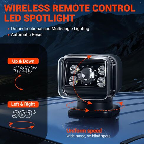 ضوء بحث LED للتحكم عن بعد، 70 وات 6800 لومن كشاف IP68 مقاوم للماء | ضوء دوران 360 درجة لشاحنة القارب والطرق الوعرة البحرية والعمل في الهواء الطلق والقيادة والصيد والضباب والتخييم والصيد in Kuwait