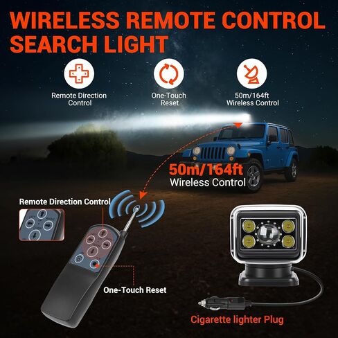 ضوء بحث LED للتحكم عن بعد، 70 وات 6800 لومن كشاف IP68 مقاوم للماء | ضوء دوران 360 درجة لشاحنة القارب والطرق الوعرة البحرية والعمل في الهواء الطلق والقيادة والصيد والضباب والتخييم والصيد in Kuwait