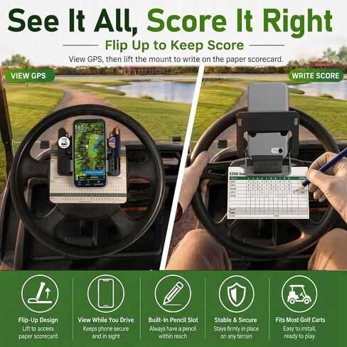 GPS Scorecard Golf Cart Steering Wheel Phone Mount for EZGO Club Car Yamaha | GPS Scorecard View, Music Calls Ready, No Sliding, Flip Up, 1.9"-3.4" Phone Thick Case Grip, Fit OEM Golf Cart Steering Wheel in Kuwait