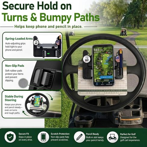 GPS Scorecard Golf Cart Steering Wheel Phone Mount for EZGO Club Car Yamaha | GPS Scorecard View, Music Calls Ready, No Sliding, Flip Up, 1.9"-3.4" Phone Thick Case Grip, Fit OEM Golf Cart Steering Wheel in Kuwait