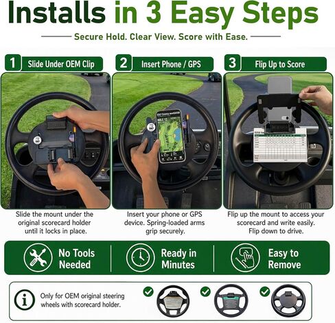 GPS Scorecard Golf Cart Steering Wheel Phone Mount for EZGO Club Car Yamaha | GPS Scorecard View, Music Calls Ready, No Sliding, Flip Up, 1.9"-3.4" Phone Thick Case Grip, Fit OEM Golf Cart Steering Wheel in Kuwait