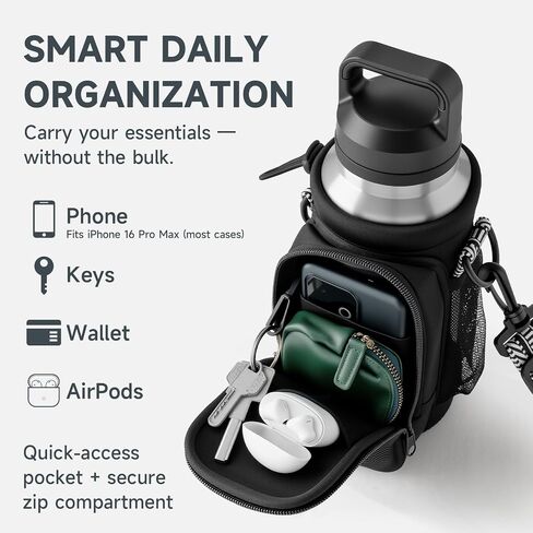 Water Bottle Holder with Strap, Neoprene Crossbody Carrier, Phone Pocket, 1.46" Wide Strap, Fits 24-40oz in Kuwait