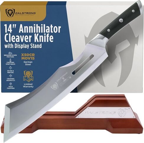 Dalstrong Annihilator 14" Meat Cleaver — 6mm Thick, 2.9 lbs, 7CR17MOV Carbon Steel (60 HRC), Full-Tang G-10 Handle — For Whole-Animal Butchering, BBQ Pitmasters & Serious Kitchens — Wood Stand in Kuwait
