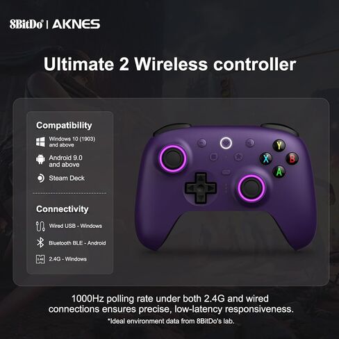 وحدة تحكم لاسلكية 8BitDo Ultimate 2 لنظام التشغيل Windows وAndroid وSteam Deck وعصا التحكم TMR ومعدل الاقتراع 1000 هرتز ومشغلات اللمس/القاعة والتحكم في الحركة وأزرار مجداف خلفية قابلة للبرمجة ومصدات L4/R4، أخضر in Kuwait