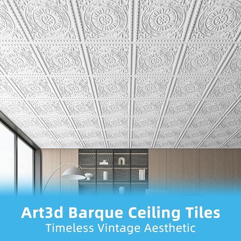 بلاط السقف المزخرف Art3d Barque مقاس 2 × 2 قدم - حزمة من 12 غطاءًا بمساحة 48 قدمًا مربعًا، بلاط سقف من البولي فينيل كلوريد خفيف الوزن ومقاوم للماء لغرفة المعيشة والاستخدام المكتبي والتجاري، أبيض in Kuwait