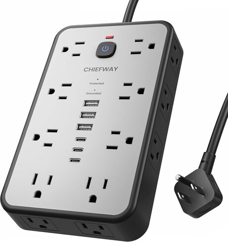 قطاع الطاقة الواقي من زيادة التيار، سلك تمديد مسطح بطول 6 أقدام مع 6 منافذ USB (3 USB C)، 16 منفذًا متباعدًا على نطاق واسع، موسع مخرج 4 جوانب، 2400J، 1875 وات/15 أمبير لألعاب غرفة النوم في المنزل والمكتب in Kuwait