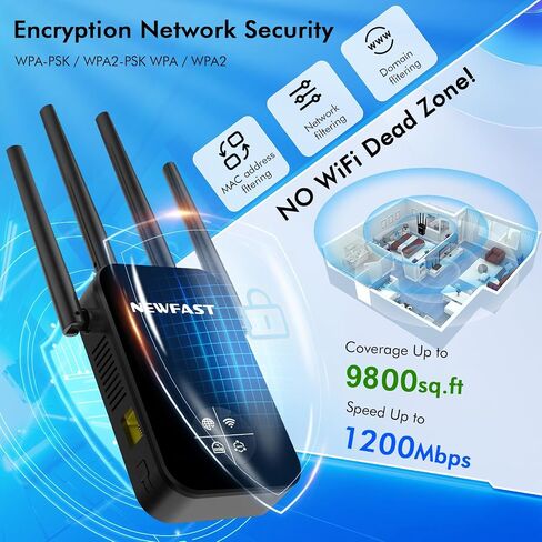NEWFAST AC1200 WiFi Extender NF-RE523,2026 WiFi Repeater, 1200Mbps Internet Booster,WiFi Extender Signal Booster for Home with Dual Band Antenna,Covers Up to 9800 sq. ft,Compact Design in Saudi Arabia