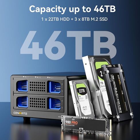 CENMATE Hybrid 4*2.5/3.5" SATA HDD/SSD+12* M / B+M Key M.2 NVMe Enclosure with Cooling Fan and USB A/C 3.2 Gen 2, Hard Drive Enclosure Support 184TB(4*22TB HDD+12*8TB 2230/2242/2260/2280/22110 SSDs) in Saudi Arabia