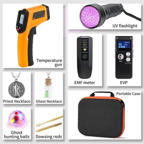 مجموعة أدوات صيد الأشباح المكونة من 11 قطعة ومعدات خارقة مع حقيبة مخصصة، تتضمن مقياس EMF، ومسجل EVP، ومقياس حرارة بالأشعة تحت الحمراء، وضوء الأشعة فوق البنفسجية، وقضبان التغطيس، وكرات القطط والقلائد، ومجموعة كاملة للمبتدئين in Kuwait
