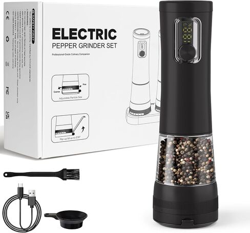 Electric Salt and Pepper Grinder Set, Rechargeable Automatic Pepper Mill with Base,Display, LED Lighting, Large Capacity-Ideal for Kitchen, BBQ Gifts (2, White(27C)) in Kuwait