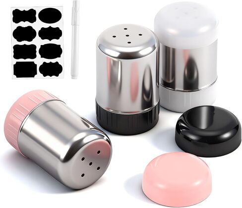 3 Pack Salt and Pepper Shaker with Sticker Marker Moisture Proof Mini Salt Shaker Camping Picnic Outdoor Kitchen Travel Spice Lunch Boxes with Colored Lid Stainless Steel Airtight Dispenser in Kuwait
