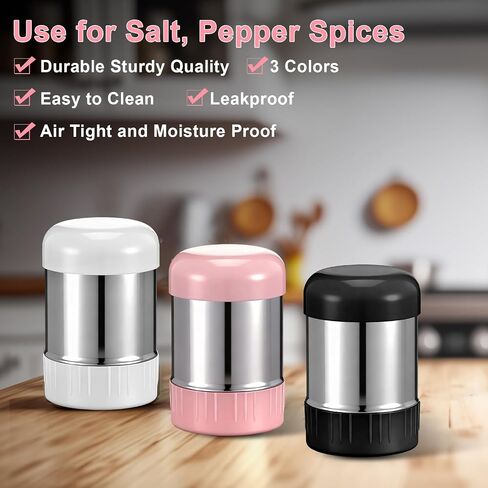 3 Pack Salt and Pepper Shaker with Sticker Marker Moisture Proof Mini Salt Shaker Camping Picnic Outdoor Kitchen Travel Spice Lunch Boxes with Colored Lid Stainless Steel Airtight Dispenser in Kuwait