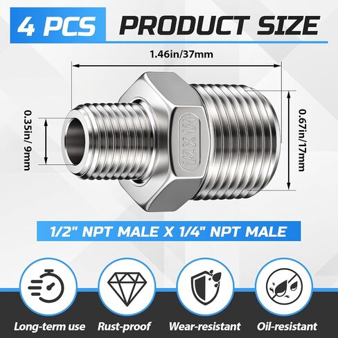 1/2" Mnpt to 1/4" Mnpt Male to Male 4 Pcs Hex Bushing Nipple Reducer, 316 Stainless Steel Reducing Pipe Fitting Adapter Connector for Plumbing, Hydraulic, Oil System in Kuwait
