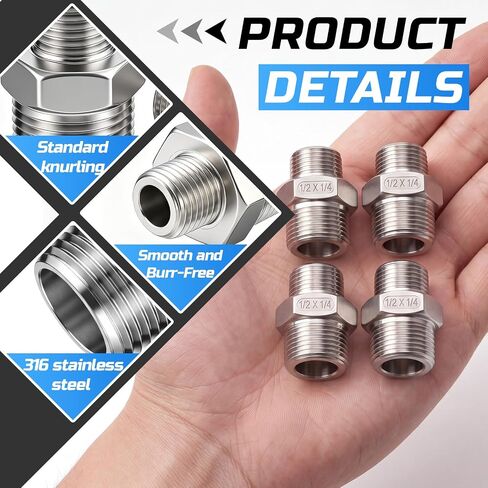 1/2" Mnpt to 1/4" Mnpt Male to Male 4 Pcs Hex Bushing Nipple Reducer, 316 Stainless Steel Reducing Pipe Fitting Adapter Connector for Plumbing, Hydraulic, Oil System in Kuwait