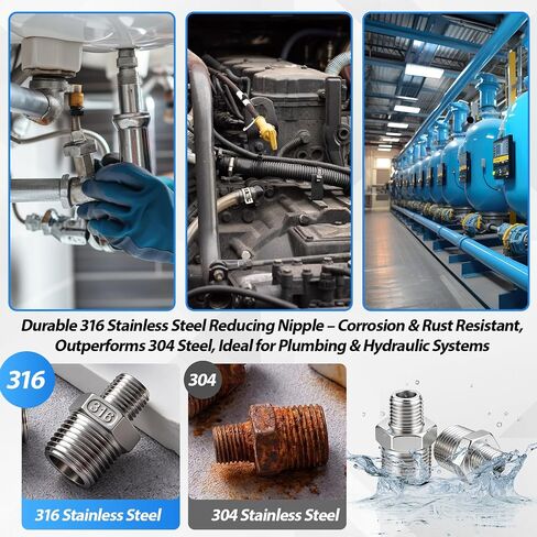 1/2" Mnpt to 1/4" Mnpt Male to Male 4 Pcs Hex Bushing Nipple Reducer, 316 Stainless Steel Reducing Pipe Fitting Adapter Connector for Plumbing, Hydraulic, Oil System in Kuwait