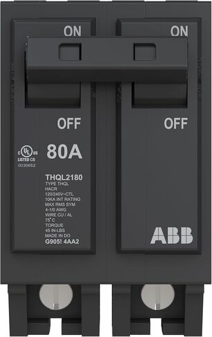 ABB Q-Line® THQL2180P Circuit Breaker • 80 Amp Double-Pole Breaker • 120/240 VAC • 10 kAIC Interrupt Rating • Thermal Magnetic Plug-On Breaker for Load Centers in Kuwait